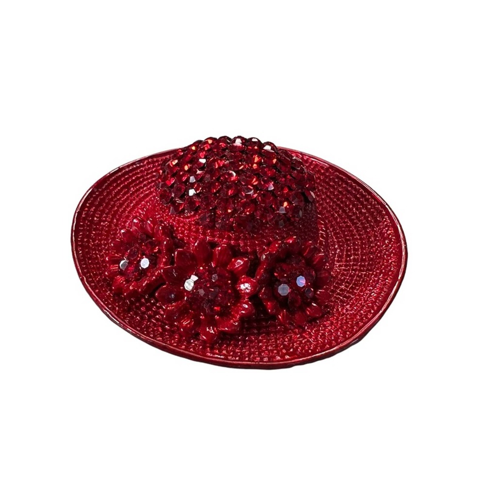 Vintage OTC rhinestone sunflower red hat brooch pin
